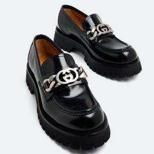 Gucci Moccasin Loafers Cordovan Lux Black Leather GG Chain Link Sz 39